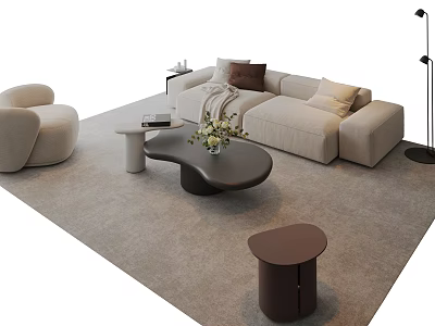 Modern Living Room Interior With Beige Sofa Curved Coffee Table And Round Accent Chair 3d model