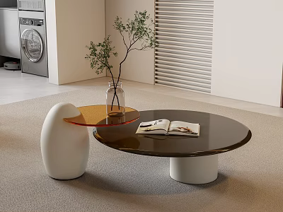 Modern Living Room Coffee Table With Round Dark Top White Base Open Magazine And Plant Vase 3d model