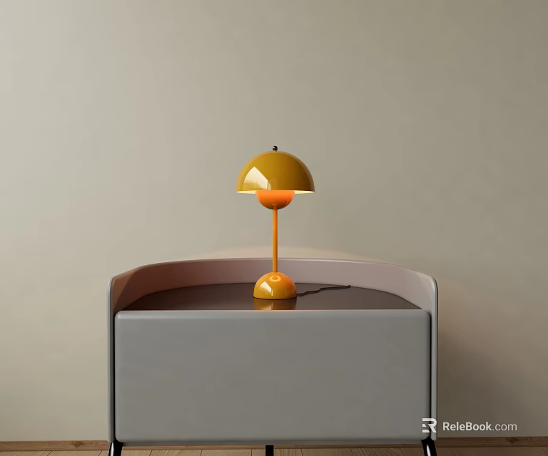 Yellow Mushroom Shaped Table Lamp With Round Base On Gray Cabinet And Light Wall Background 3d model 