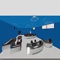 Modern Monitoring Room Interior With Blue Walls Ceiling Multiple Workstations Black Sofas And Windows