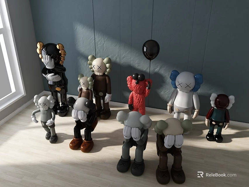 Colorful Stuffed Dolls in Various Sitting Standing Poses Indoor Room With Sunlight 3d model 