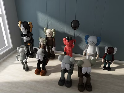 Colorful Stuffed Dolls in Various Sitting Standing Poses Indoor Room With Sunlight 3d model