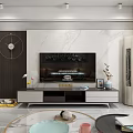 Modern Living And Dining Room With Beige Sofa Round Coffee Tables And Marble TV Wall