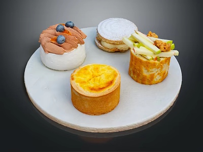 Delicious Assorted Desserts on White Plate Including Blueberry Cream Tart Apple Roll and Pastry 3d model