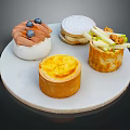 Delicious Assorted Desserts on White Plate Including Blueberry Cream Tart Apple Roll and Pastry