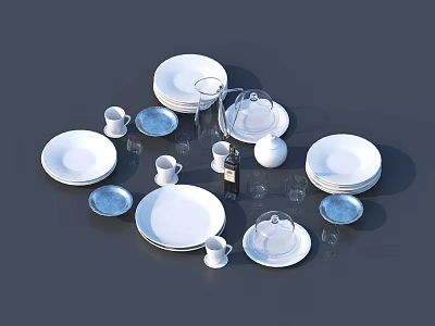 Elegant White Ceramic Tableware Set with Plates Cups Glassware and Lids 3d model
