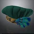 Green Velvet Hat With Gold Decorative Band And Peacock Feather Accent