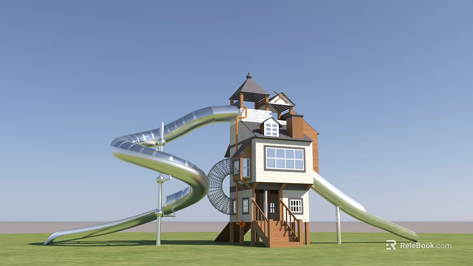 Multi Level Wooden Playhouse With Spiral Slides And Stairs On Grass Field 3d model 