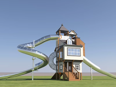Multi Level Wooden Playhouse With Spiral Slides And Stairs On Grass Field 3d model