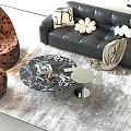 Black Leather Sofa and Marble Coffee Table Set With Decorative Pillows Throw Blanket