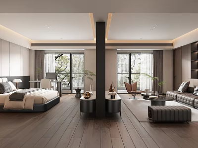 Modern Minimalist Hotel Guest Room With Large Bed Sofa And Floor To Ceiling Windows 3d model