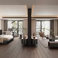 Modern Minimalist Hotel Guest Room With Large Bed Sofa And Floor To Ceiling Windows