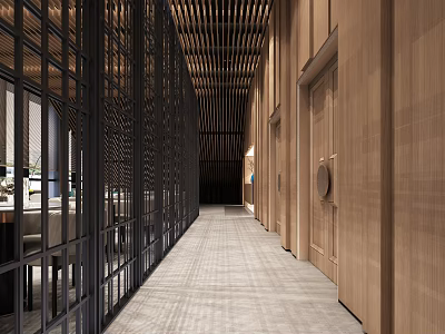 Modern Elevator Corridor With Wooden Walls Metal Grilles And Slatted Ceiling Design 3d model