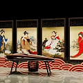 Traditional Chinese Interior With Four Screens Ancient Women Guzheng And Red Wave Patterns