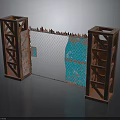 Rusted Metal Pillars With Barbed Wire Fence And Blue Panel Entrance Gate Structure