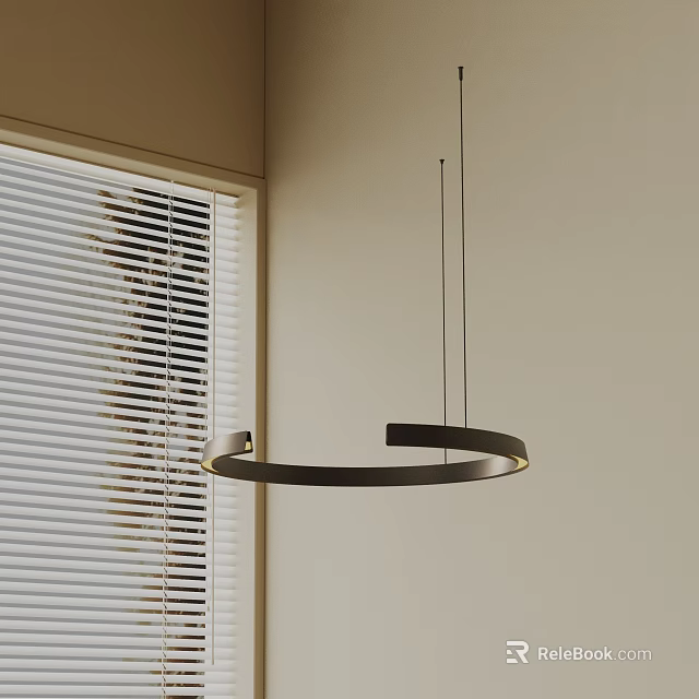 Modern Circular Metal Pendant Light In Room With White Window Blinds 3d model 