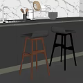 Elegant Modern Kitchen Interior Featuring Two Bar Stools With Marble Wall And Countertop 3d model
