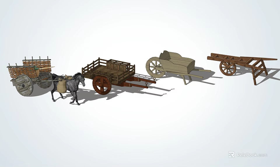 Various Types of Traditional Horse Drawn Carts with Wooden Frames and Wheels 3d model 