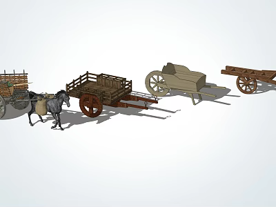 Various Types of Traditional Horse Drawn Carts with Wooden Frames and Wheels 3d model
