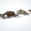 Various Types of Traditional Horse Drawn Carts with Wooden Frames and Wheels