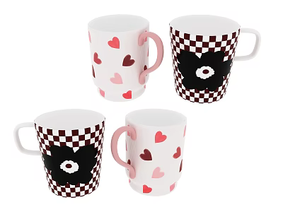 Set of Ceramic Mugs with Heart Patterns and Black White Checkered Flower Decorations 3d model