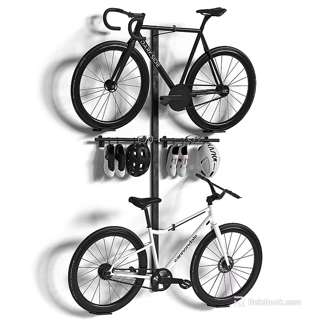 Indoor Bicycle Storage With Wall Mounted Rack And Helmets Gloves Gear 3d model