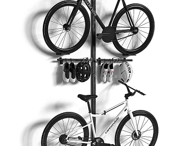 Indoor Bicycle Storage With Wall Mounted Rack And Helmets Gloves Gear 3d model