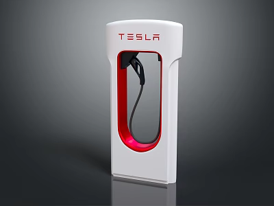 Tesla Electric Vehicle Charging Station With White Design And Red Accent Charging Cable 3d model