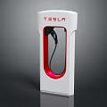 Tesla Electric Vehicle Charging Station With White Design And Red Accent Charging Cable