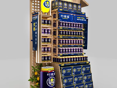 Wooden Retail Display Shelf with Blue Yellow Lemon Tea Bottles and Cans 3d model