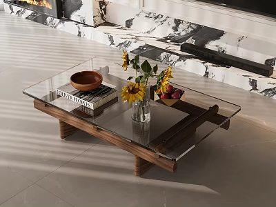 Modern Glass Top Coffee Table With Wooden Base And Yellow Flowers Books Bowl Fruits 3d model