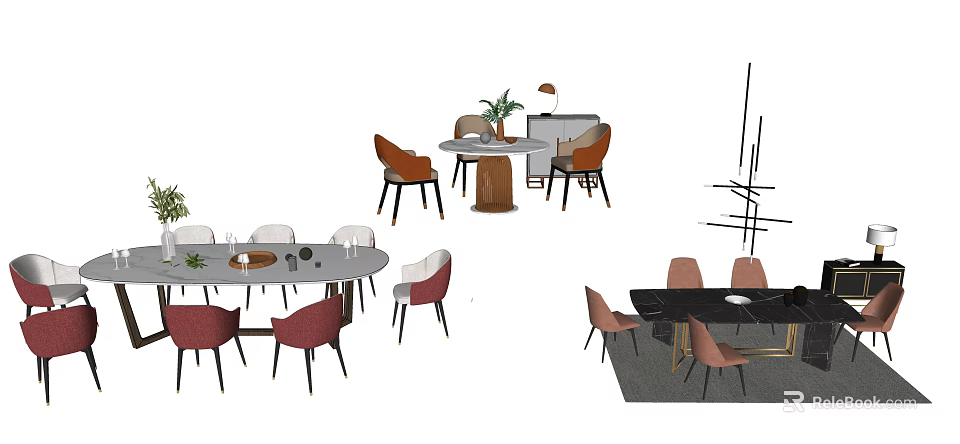 Dining Table Set Combinations With Modern Design Round Square Tables And Colorful Chairs 3d model