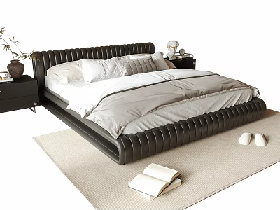 Modern Stitched Leather Double Bed with White Sheets Gray Comforter and Nightstands on Light Rug 3d model
