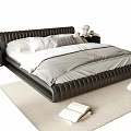 Modern Stitched Leather Double Bed with White Sheets Gray Comforter and Nightstands on Light Rug