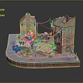Miniature Outdoor Scene With Brick Buildings Suspension Bridge Orange Tree And Paved Ground