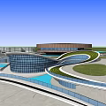 Modern Urban Architectural Design With Circular Building Curved Paths Blue Water And Green Spaces