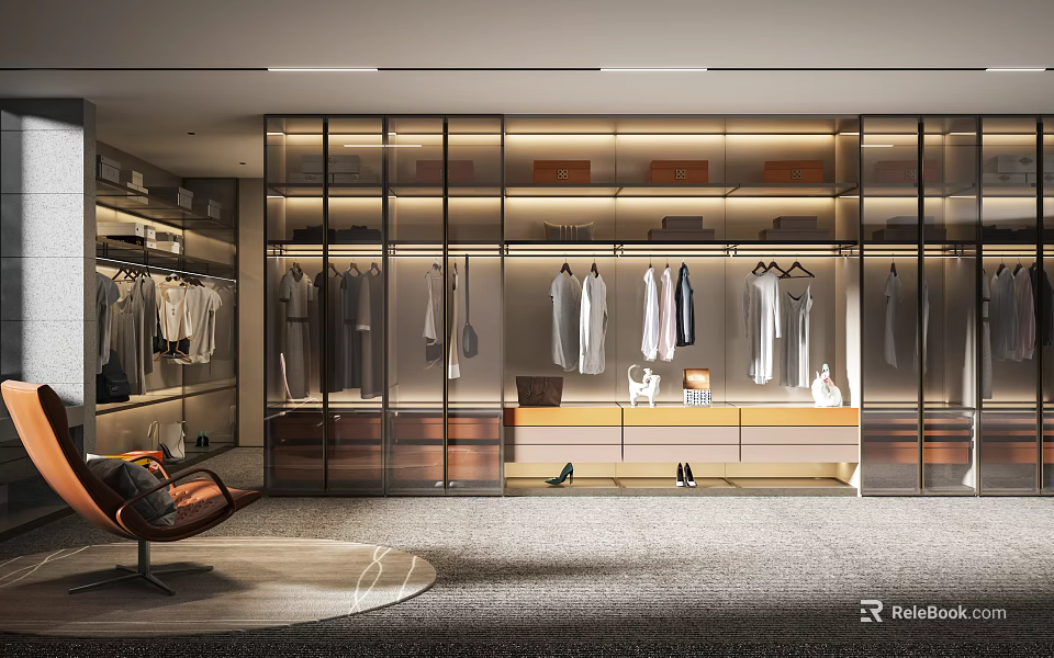 Modern Walk in Closet Interior Design With Glass Door Wardrobes Hanging Clothes And Drawers 3d model 