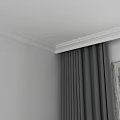 Modern Desk Interior With White Wall Grey Curtains And Wooden Frame Window