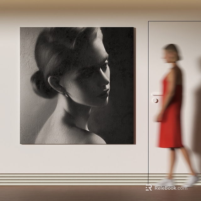 Black and White Portrait Painting on Wall with Blurred Figure in Red Dress Walking Nearby 3d model 