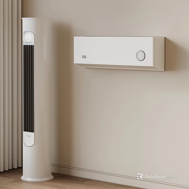 MI Wall Mounted Air Conditioner And Portable Tower Fan In Sleek Modern Home Interior 3d model 