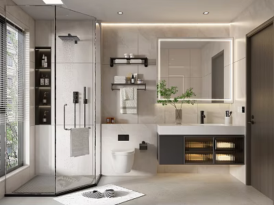 Modern Bathroom Interior With Glass Shower Partition Vanity Mirror Toilet And Plant 3d model