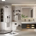 Modern Bathroom Interior With Glass Shower Partition Vanity Mirror Toilet And Plant