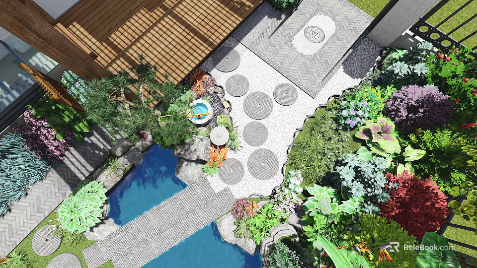 Courtyard Garden Design With Wooden Deck Circular Stepping Stones Water Pond And Lush Greenery 3d model 