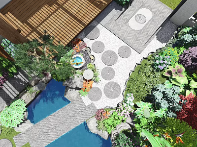 Courtyard Garden Design With Wooden Deck Circular Stepping Stones Water Pond And Lush Greenery 3d model