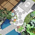 Courtyard Garden Design With Wooden Deck Circular Stepping Stones Water Pond And Lush Greenery