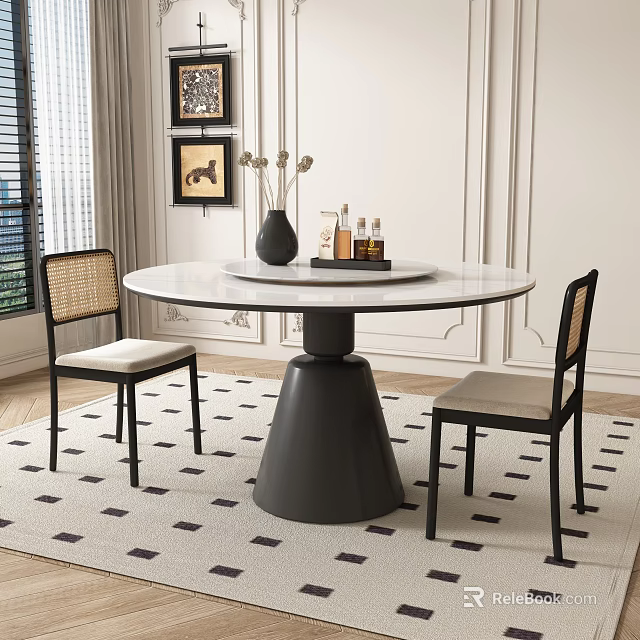 Modern Restaurant Interior With Round White Dining Table Black Base Wicker Chairs Beige Cushions 3d model 