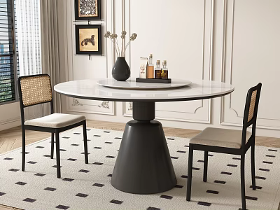 Modern Restaurant Interior With Round White Dining Table Black Base Wicker Chairs Beige Cushions 3d model