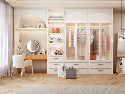 Modern Elegant White Wardrobe with Glass Doors Dressing Table Storage Drawers and Hanging Area 3d model