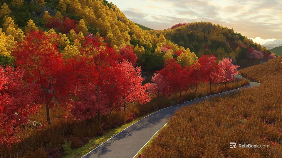 Scenic Autumn Landscape With Red And Yellow Foliage Winding Path Through Hills And Warm Sunlight 3d model 