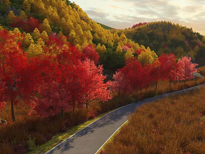 Scenic Autumn Landscape With Red And Yellow Foliage Winding Path Through Hills And Warm Sunlight 3d model